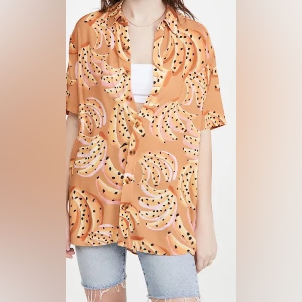 FARM Rio Caramel Raining Bananas Uni Shirt Button‎ Up Short Sleeve, Size XS